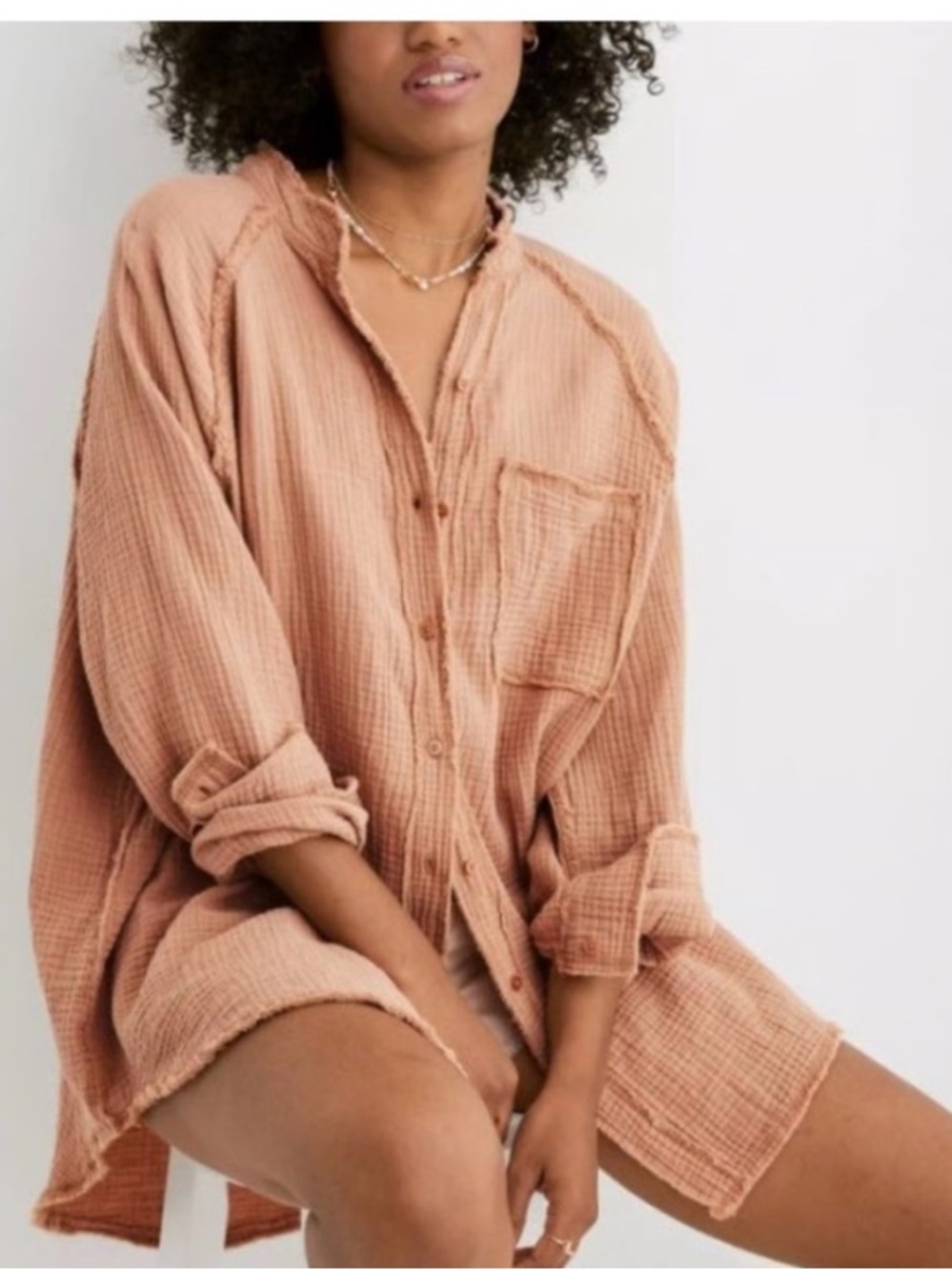 Aerie Gauze Button-Up oversized raw button up shirt SZ medium